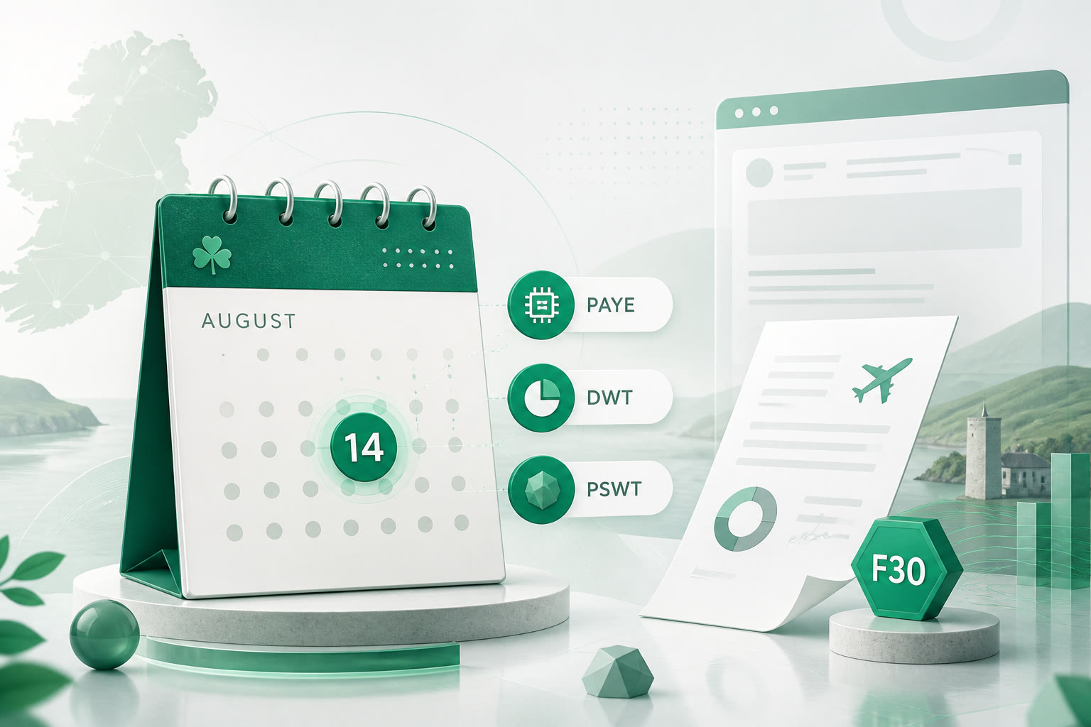 Cover illustration for "Ireland 14 August: PAYE, DWT and PSWT Three-Day Countdown" — Payroll article on FinnAccountings