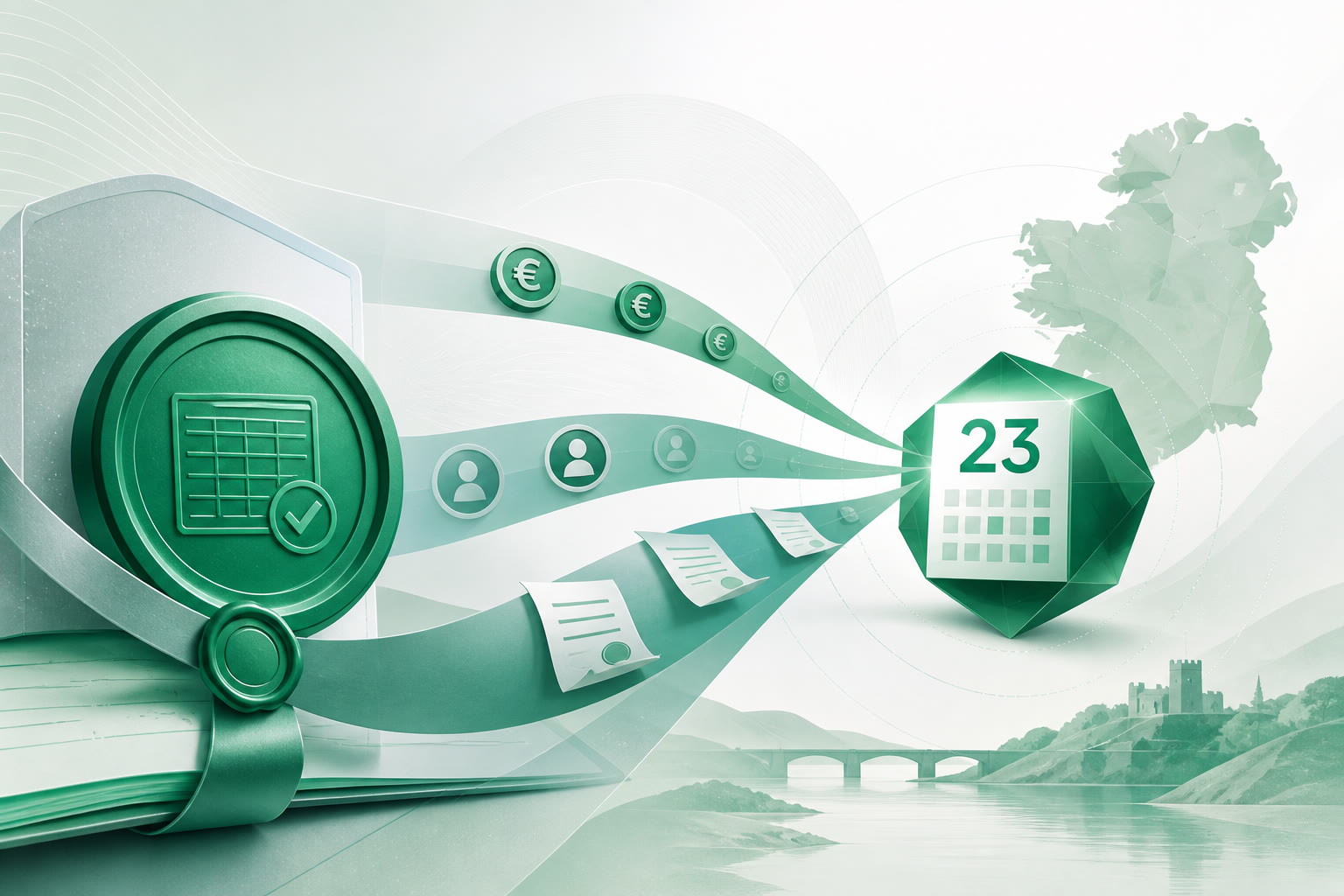 Cover illustration for "After Today’s VAT 3: Ireland ROS Cash Checklist to 23 August" — Compliance article on FinnAccountings