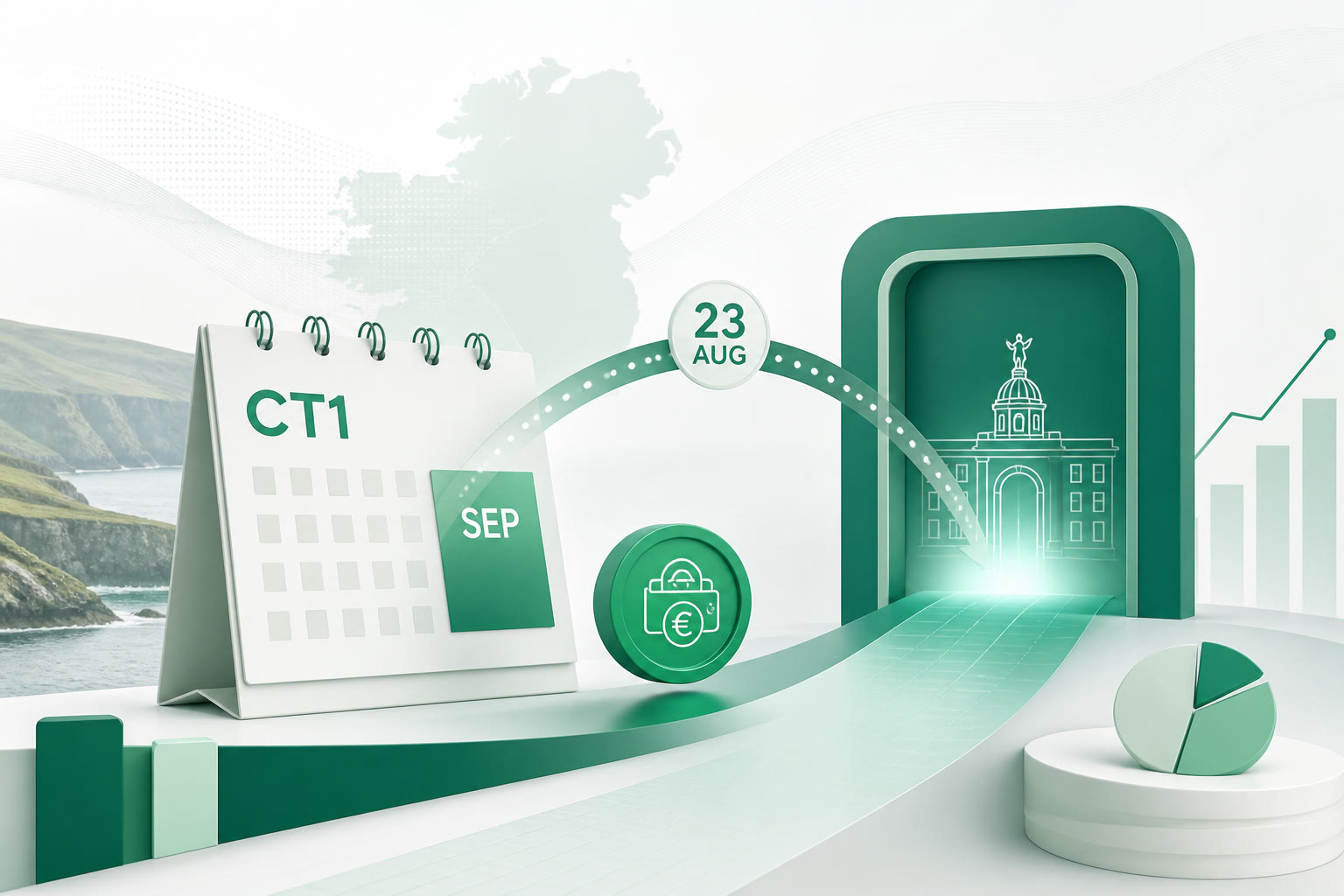 Cover illustration for "Ireland CT Preliminary Tax: Nine Days to the 23 August Window for September Year-Ends" — Compliance article on FinnAccountings