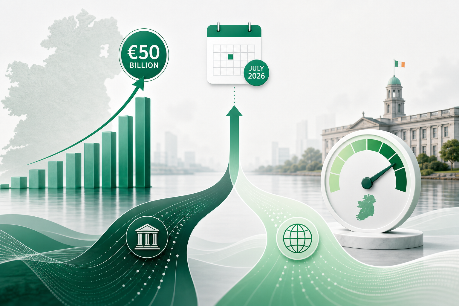 Cover illustration for "Ireland July 2026 Exchequer: Corporation Tax Surges 234% as Pillar Two Payments Land" — Finance article on FinnAccountings