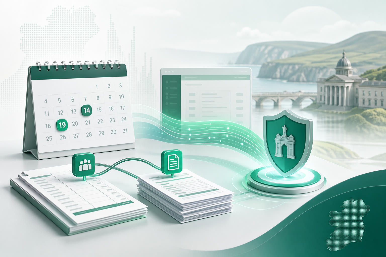 Cover illustration for "Ireland Mid-August ROS: PAYE 14th and VAT 19th Checklist" — Compliance article on FinnAccountings