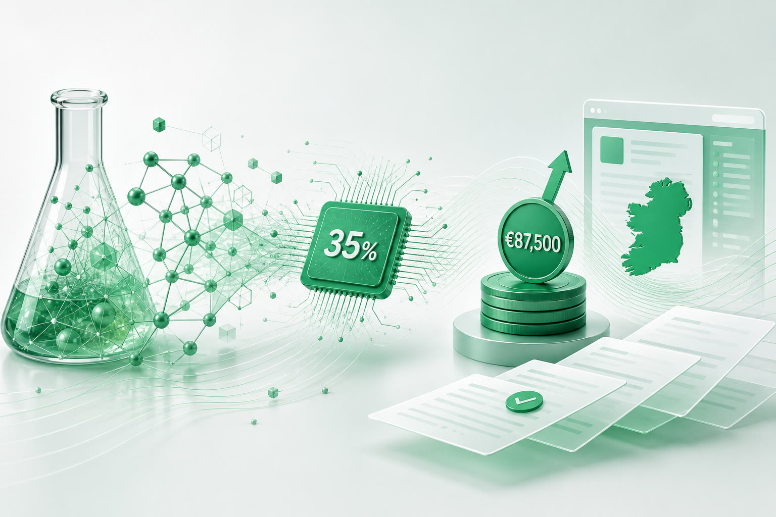 Cover illustration for "Ireland R&D Tax Credit Rises to 35%: What Companies Should Prepare" — Tax article on FinnAccountings