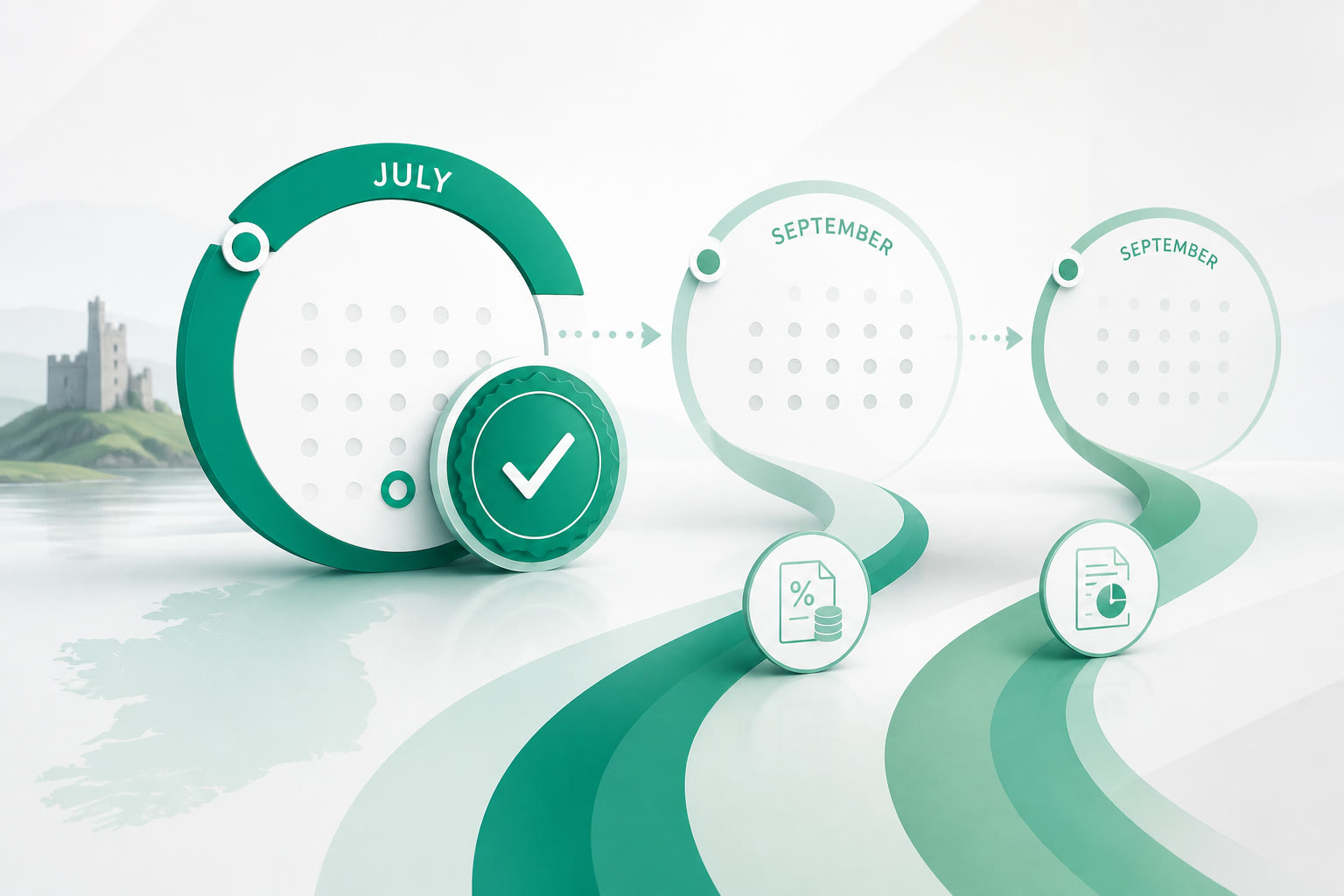 Cover illustration for "Ireland ROS Before the IOSS Deadline: September Sequencing Checklist" — Compliance article on FinnAccountings