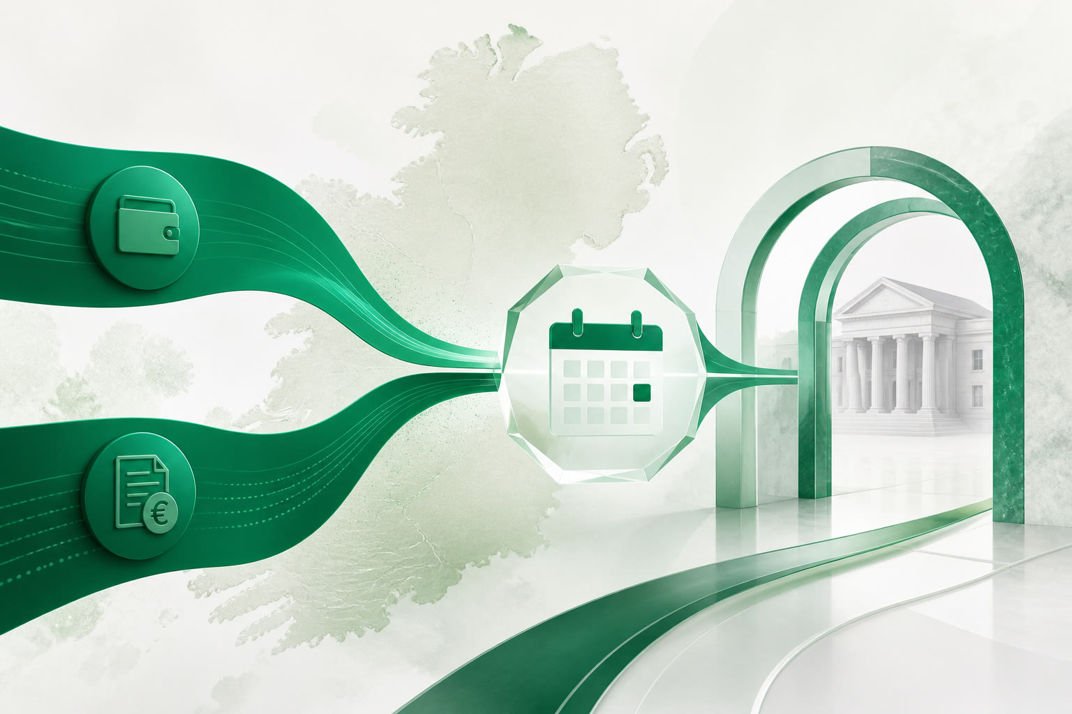 Cover illustration for "Sunday ROS Cash: Ireland PAYE, RCT and CT to 23 August — Bank Cut-Offs Friday" — Compliance article on FinnAccountings