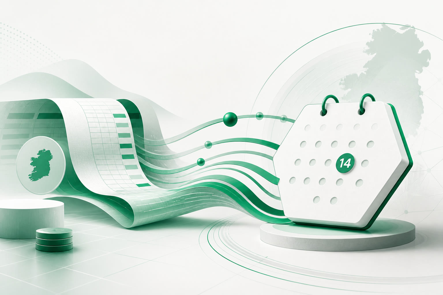 Cover illustration for "Fifteen Days to 14 September: Ireland August PAYE Return" — Payroll article on FinnAccountings