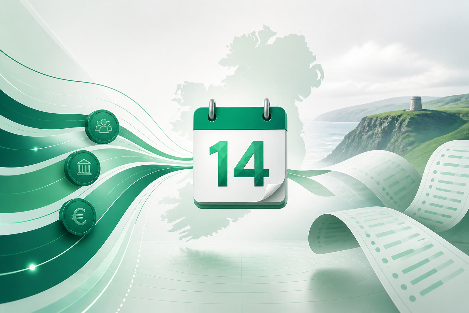 Cover illustration for "Sixteen Days to 14 September: Ireland August PAYE Return" — Payroll article on FinnAccountings