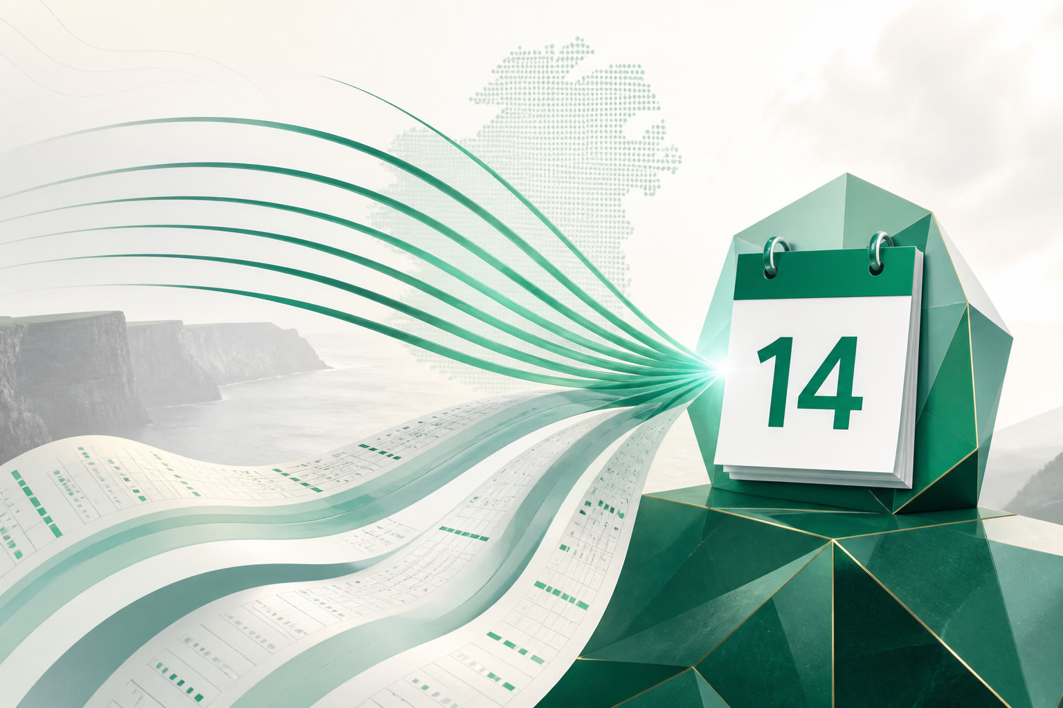 Cover illustration for "Thirteen Days to 14 September: Ireland August PAYE Return" — Payroll article on FinnAccountings