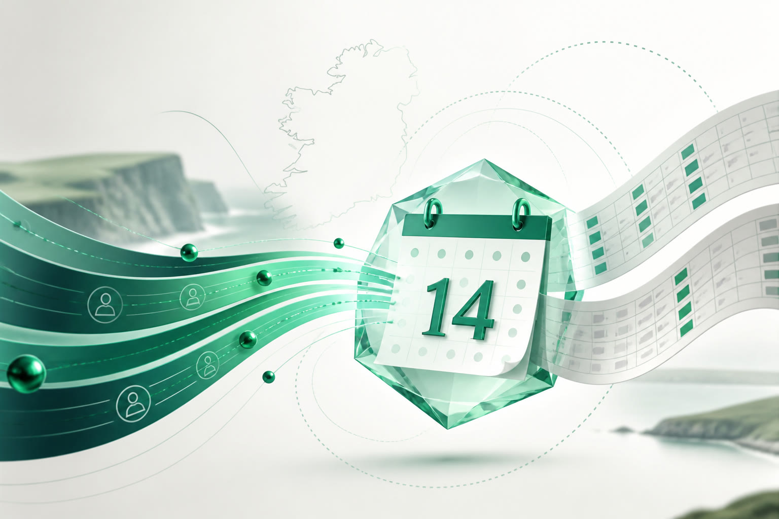 Cover illustration for "Twenty-One Days to 14 September: Ireland August PAYE Return" — Payroll article on FinnAccountings