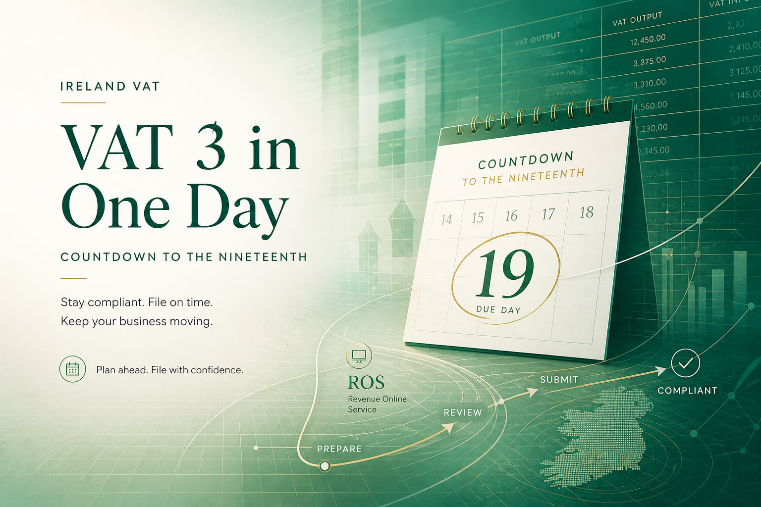 Cover illustration for "Ireland VAT 3 July Workpapers Ahead of the 19 August ROS Date" — VAT article on FinnAccountings