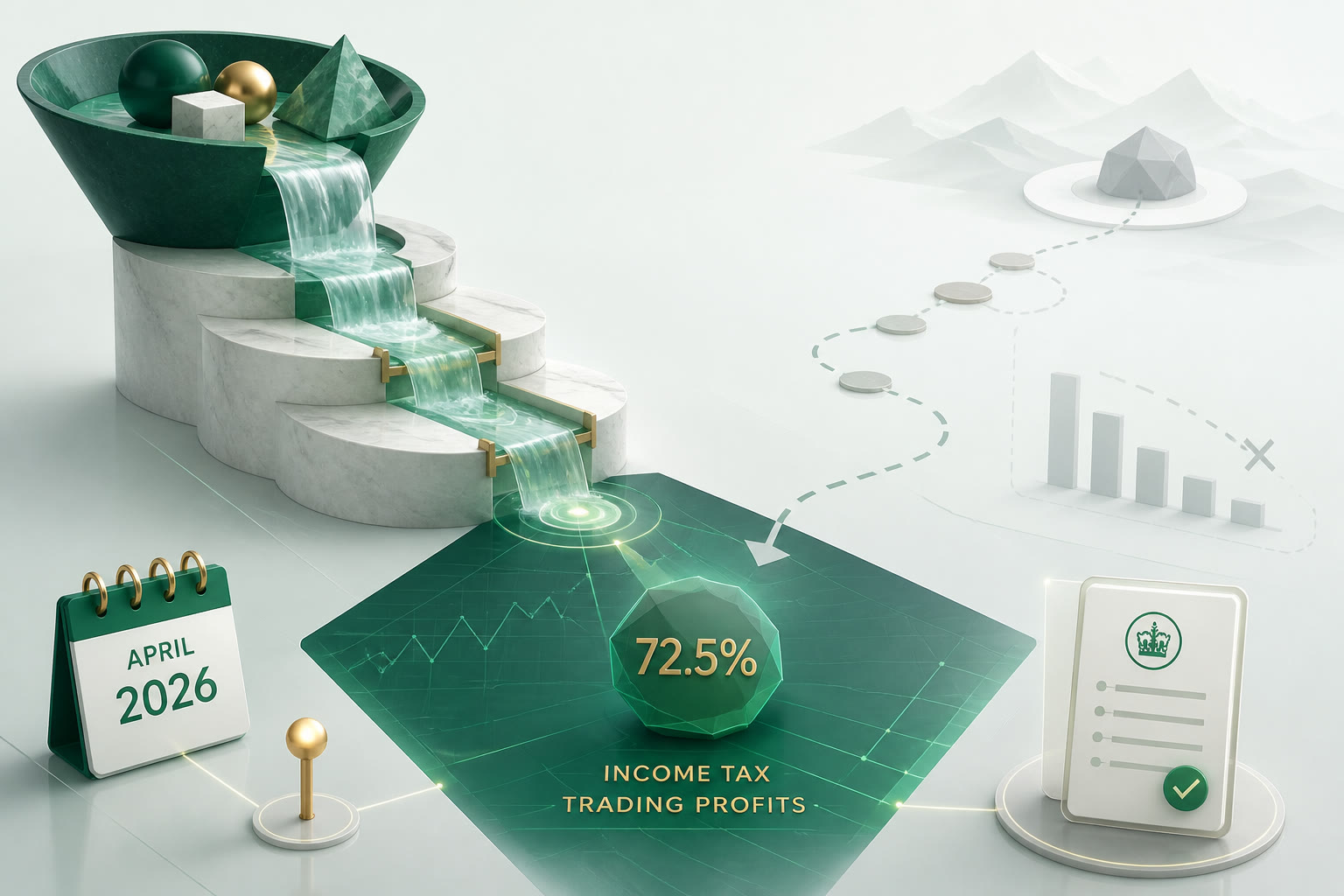 Cover illustration for "UK Carried Interest Now Taxed as Trading Profits from April 2026" — Tax article on FinnAccountings