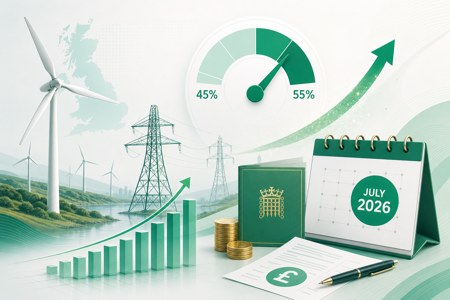 Cover illustration for "UK Electricity Generator Levy Rises to 55% from 1 July 2026: What Generators Must Know" — Finance article on FinnAccountings