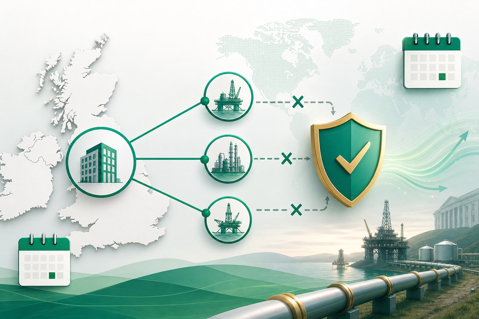 Cover illustration for "UK Foreign PE Exemption Becomes Mandatory from 2027 — Oil & Gas from 1 September 2026" — Tax article on FinnAccountings