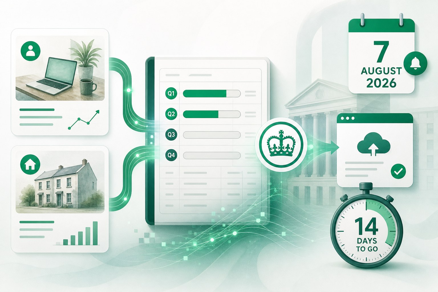 Cover illustration for "HMRC: Two Weeks Left for First MTD Income Tax Quarterly Update (Due 7 August 2026)" — Compliance article on FinnAccountings