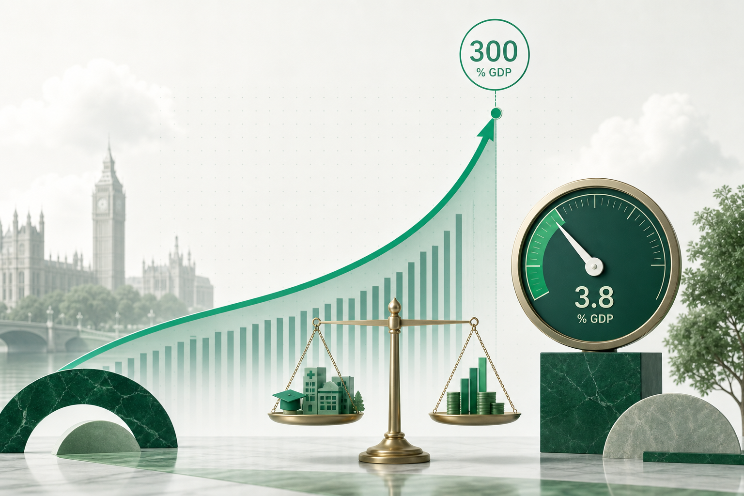 Cover illustration for "OBR July 2026: UK Debt Could Hit 300% of GDP Without Early Tax and Spending Action" — Finance article on FinnAccountings